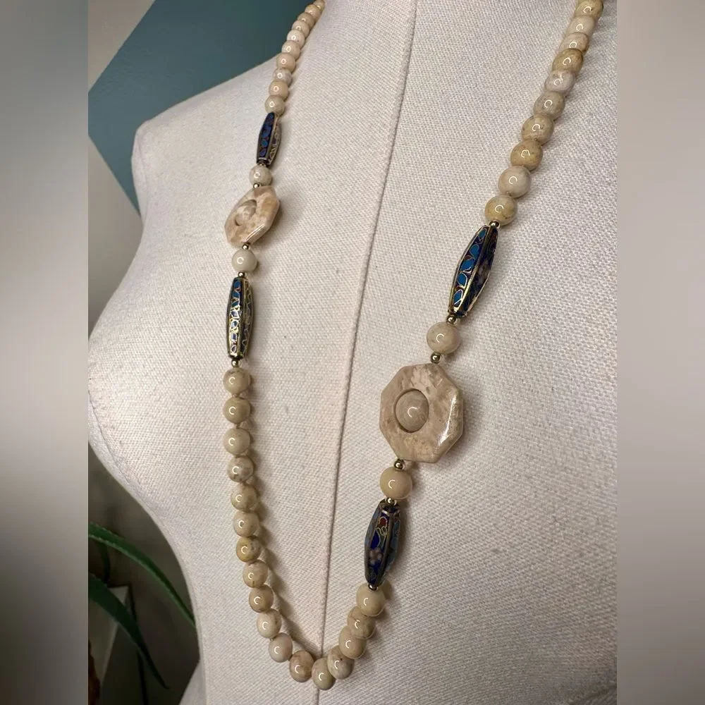 Vintage Beaded Necklace with Carved Stone Accents & Cloisonné Enamel Beads 28.5” - Picture 2 of 9